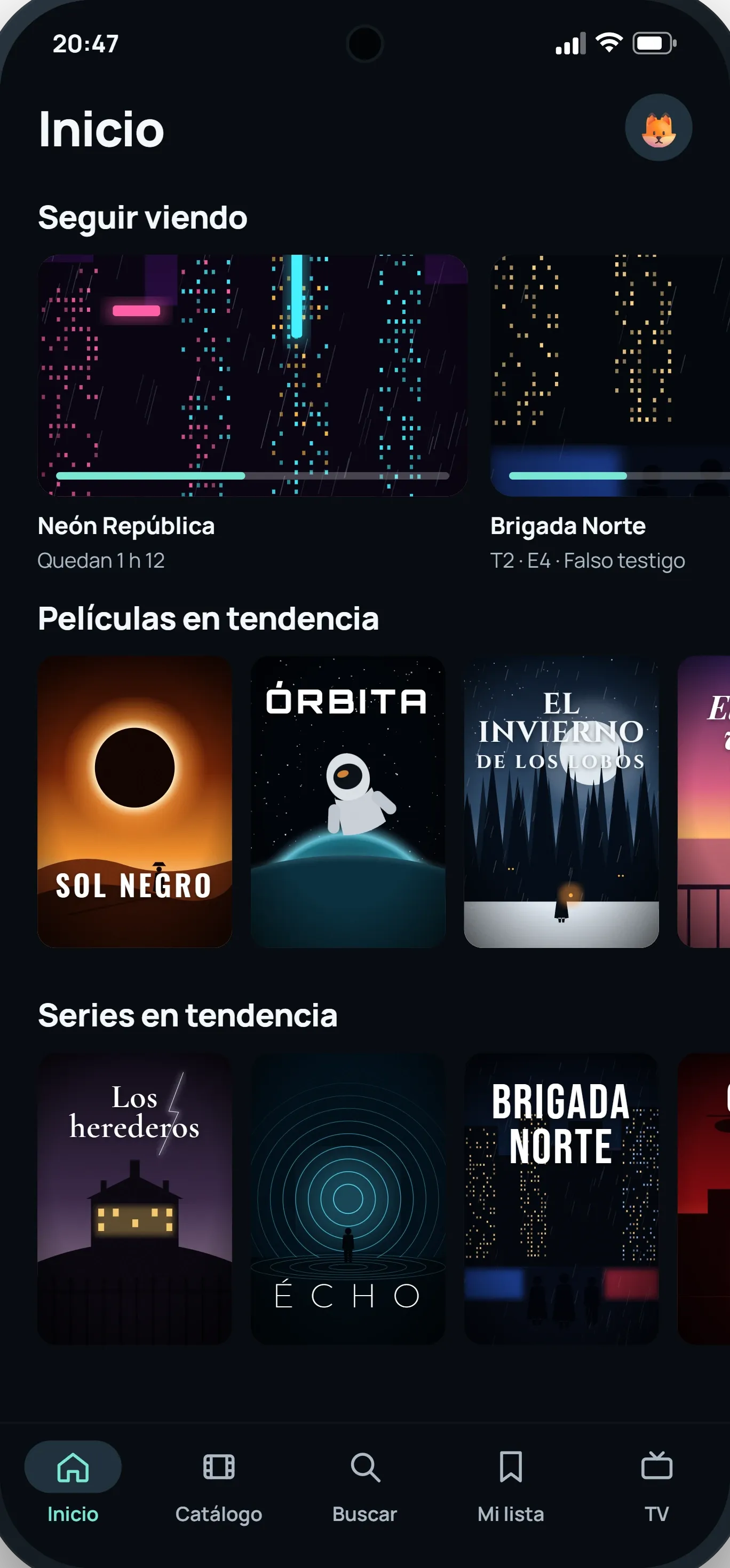 Inicio de ModelTV en un teléfono: seguir viendo y películas en tendencia