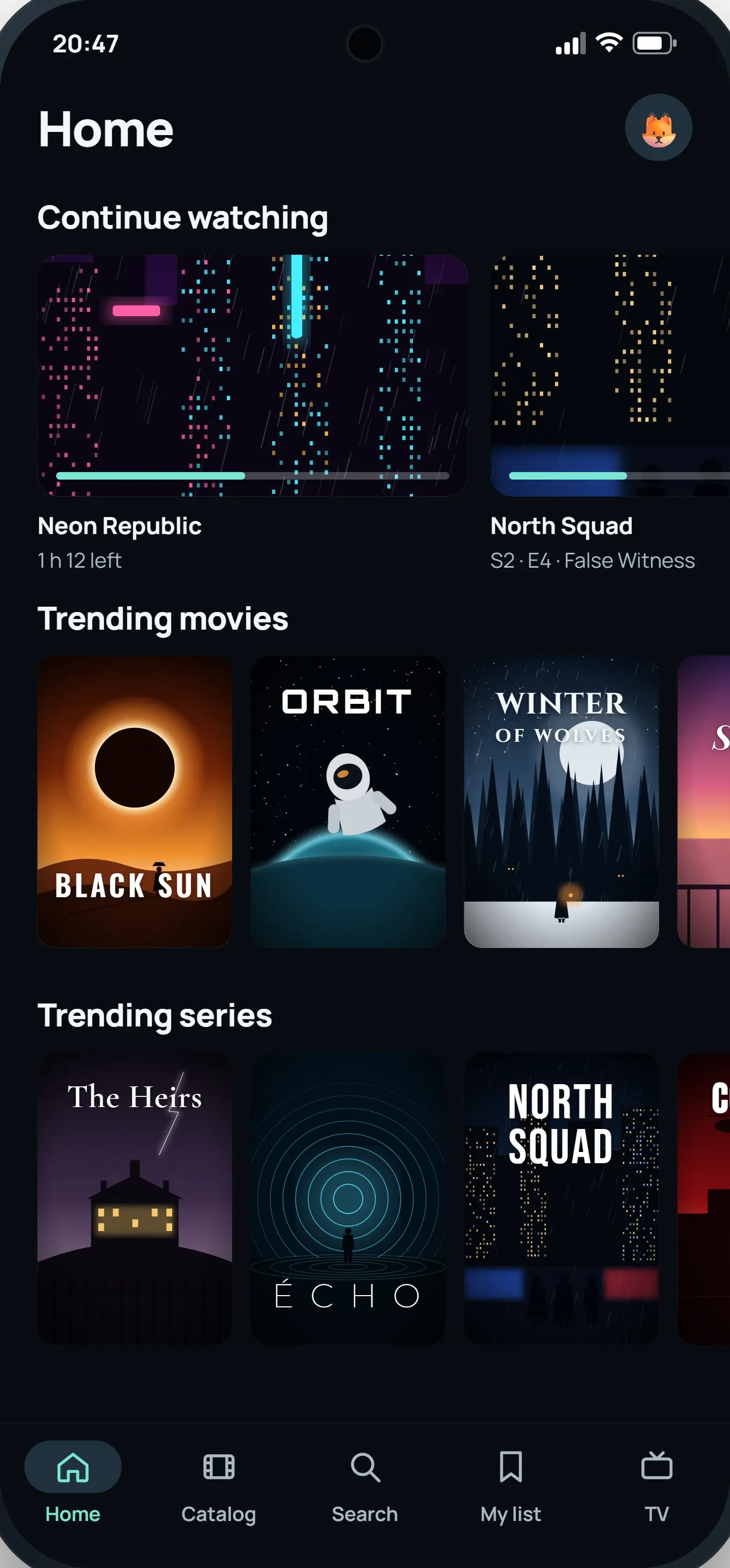 ModelTV home screen on a phone: continue watching and trending movies