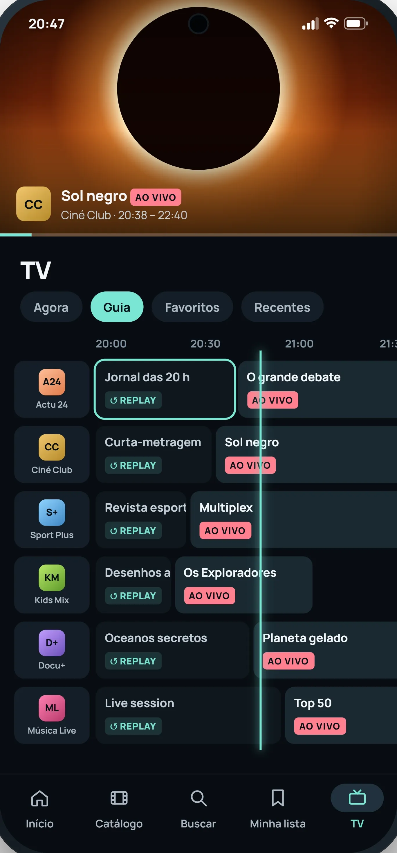 No celular, a TV ao vivo com o guia de programação