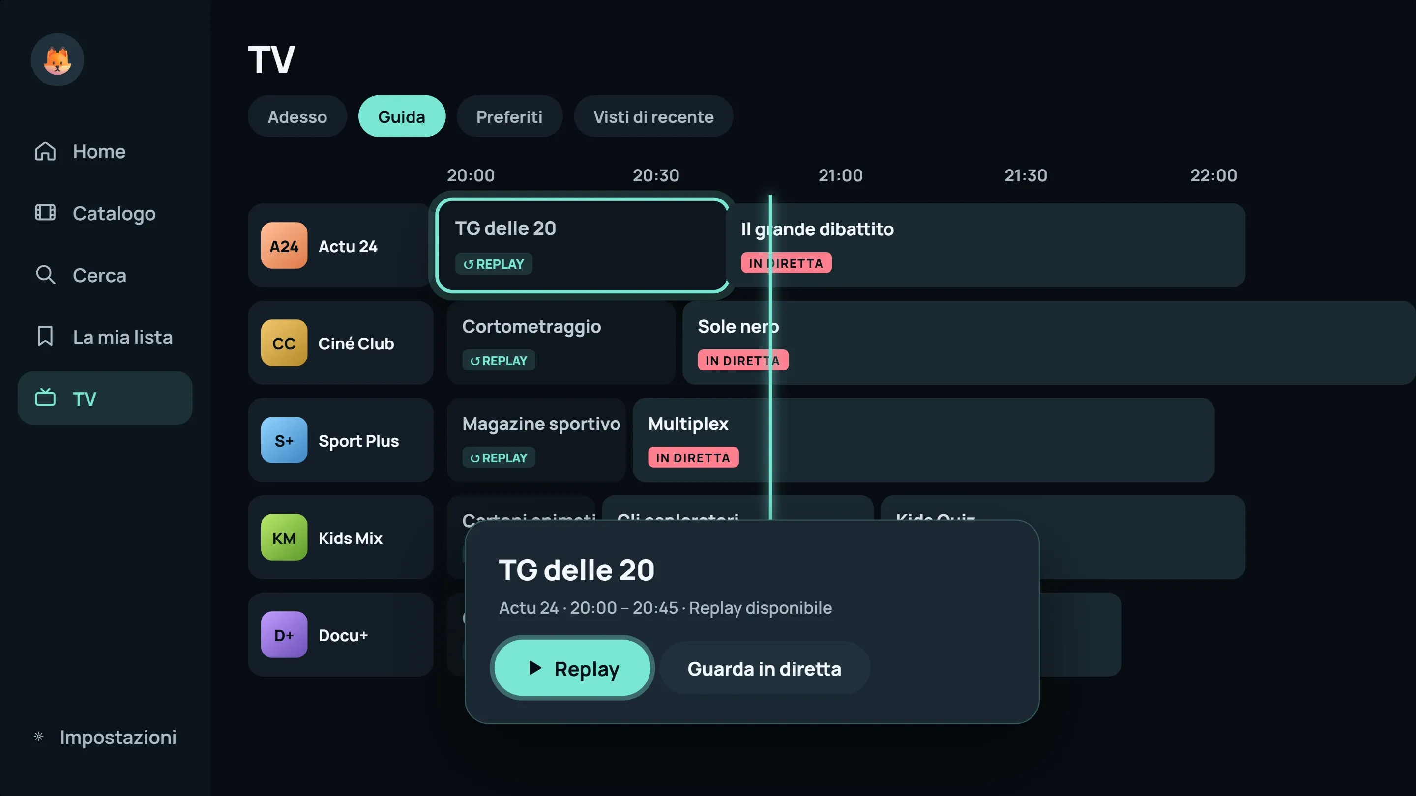 Guida TV di ModelTV: griglia dei programmi con etichette Replay e In diretta