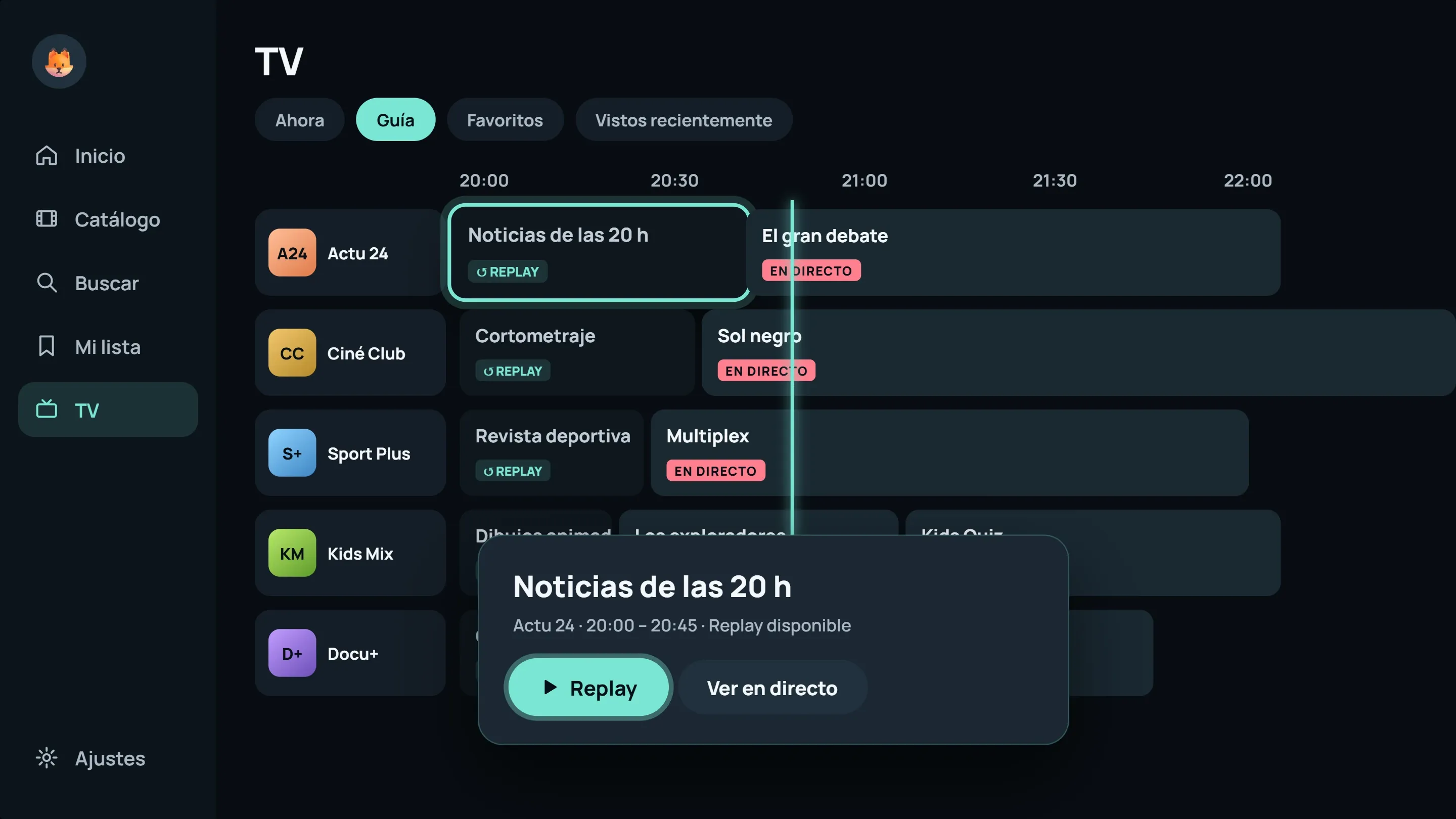 Guía TV de ModelTV: parrilla de programas con insignias Replay y En directo