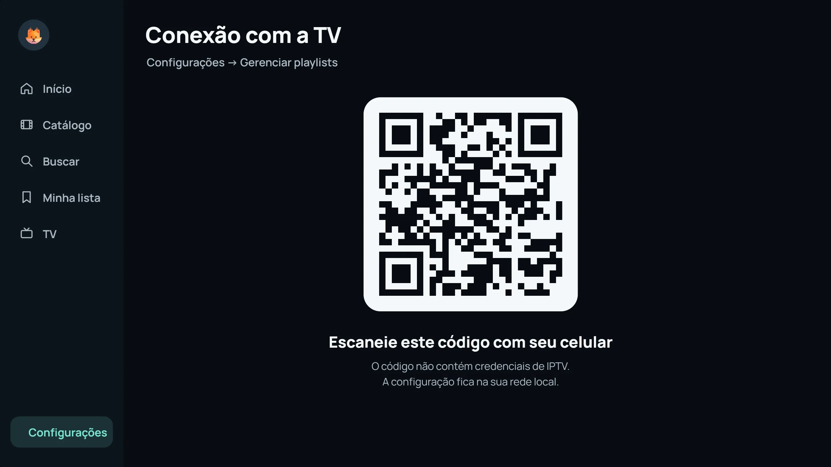 Tela Conexão com a TV com um QR code para escanear no celular