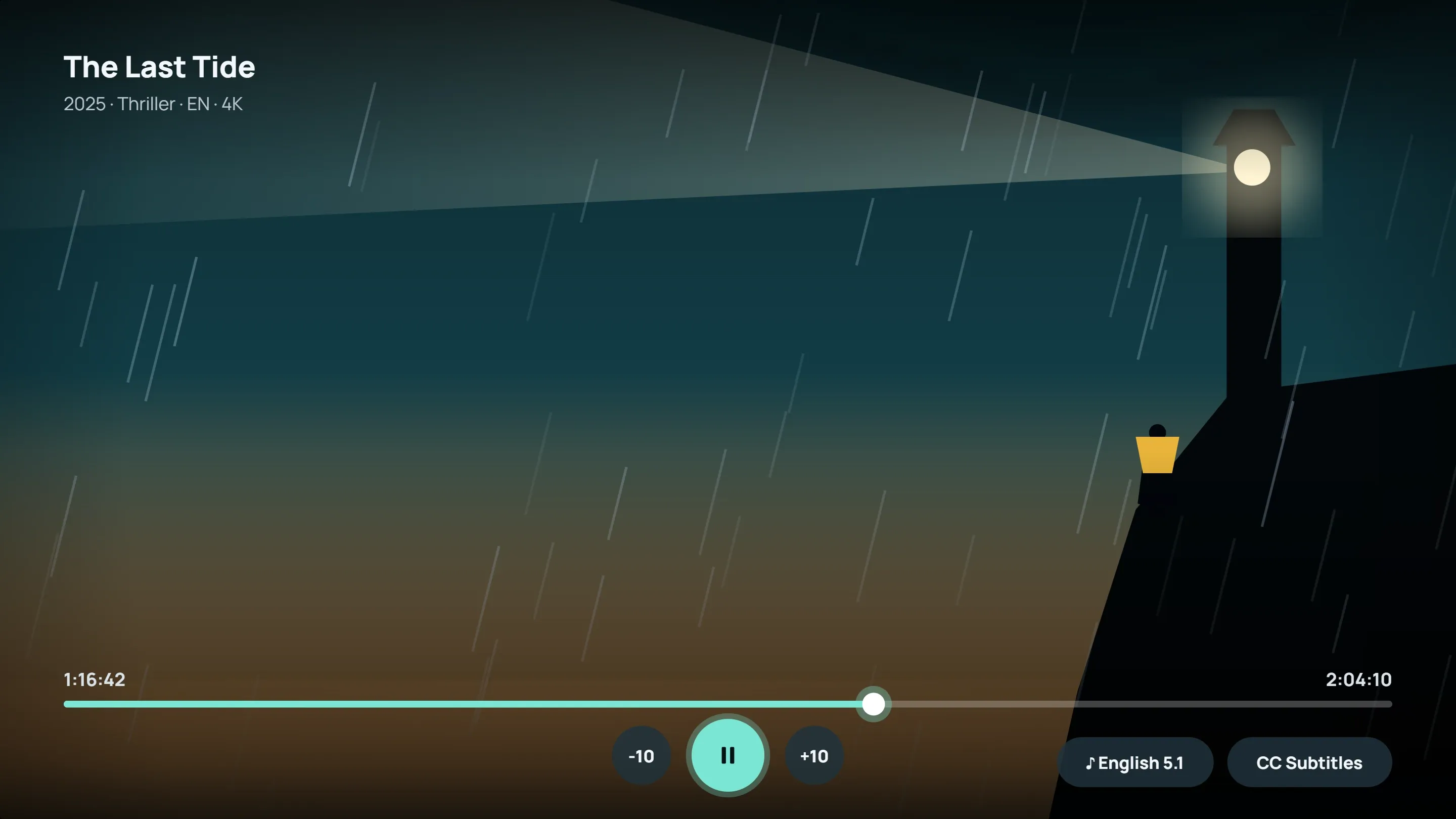 Full-screen video player with progress bar, audio tracks and subtitles