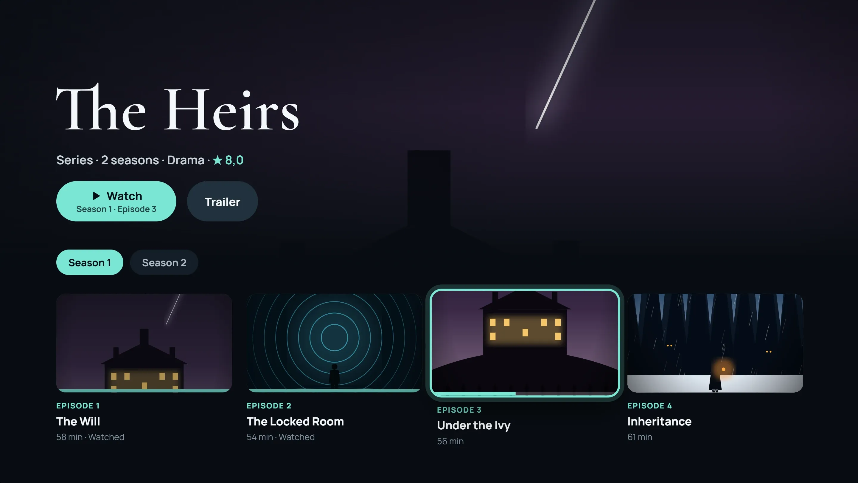 Series page on TV with the list of episodes in the season
